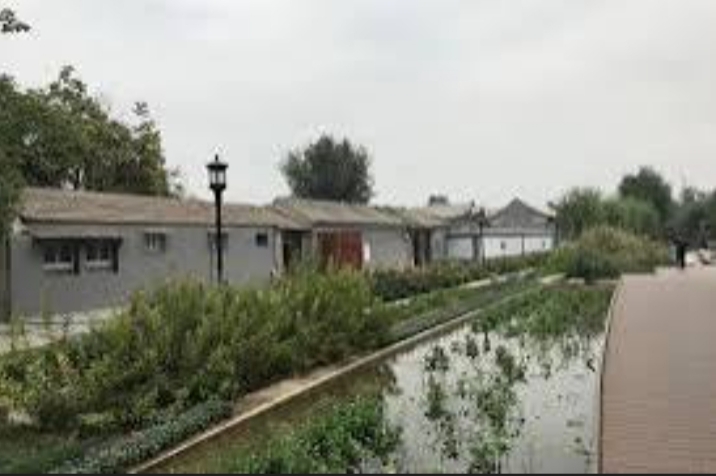 Row of grey courtyard houses built right at the edge of a long water channel, their foundations level with the water