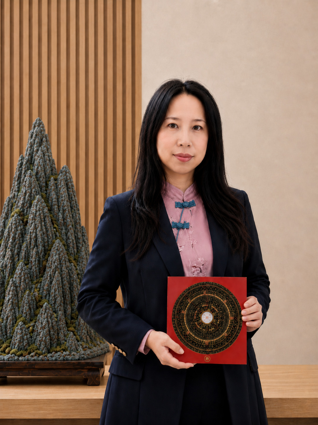 Master Jammie Lye (赖老师), classical feng shui consultant, holding the Luo Pan compass beside a bonsai pine.